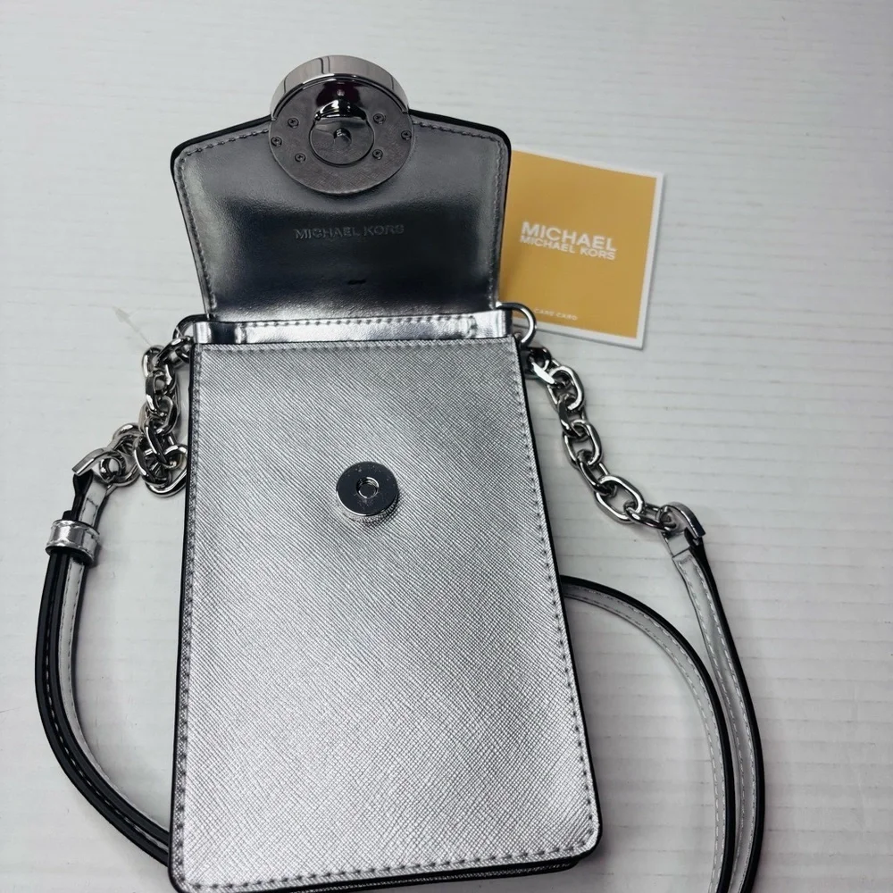 New MICHAEL MICHAEL KORS Carmen Silver Small Logo Smartphone Crossbody Bag
